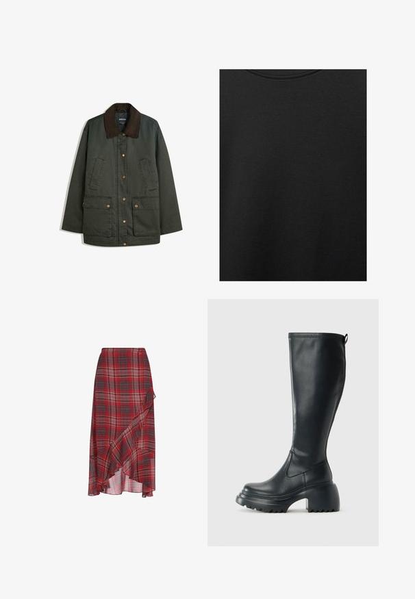 Jachetă verde închis cu guler din catifea groasă maro, nasturi cu cap la înaintare pe față, două buzunare pe piept înclinate și două buzunare mari cu clapete și prindere cu nasturi.; Țesătură de bumbac neagră cu o textură netedă și un guler rotund, având un model de granulație subtil și uniform. Fără logo-uri sau accente vizibile.; Fustă carre antracite, realizată dintr-un material ușor, cu un tiv volanat și un design asimetric. Include nuanțe de gri și alb în model.; Cizme lungi din piele neagră cu talpă platformă masivă și tocul pătrat, având un tab de tragere și un model texturat pe talpa exterioară.