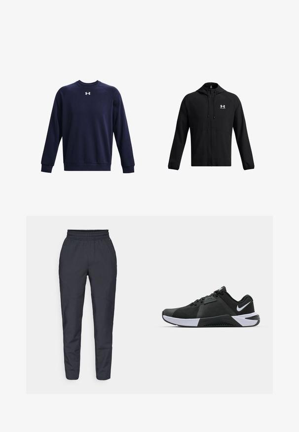 Giacca leggera nera con cappuccio, zip completa e tasche laterali. Presenta un logo bianco sul petto e polsini elastici. Texture liscia.; Felpa blu navy realizzata in tessuto morbido, caratterizzata da collo a giro, maniche lunghe e un accento di logo bianco sul petto.; Pantaloni tapered blu realizzati in tessuto morbido, con elastico in vita, tasche laterali e una texture liscia con dettagli di cucitura discreti.; Nike Performance METCON 10 - Scarpe da allenamento - black/white/anthracite