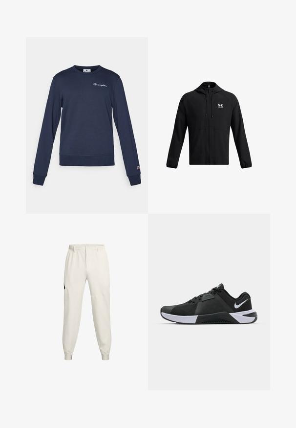 Veste légère noire avec capuche, zip intégral et poches latérales. Présente un logo blanc sur la poitrine et des poignets élastiques. Texture lisse.; Sweat-shirt bleu marine composé d'un mélange de coton, avec des manches longues, un col ras du cou et un petit logo blanc sur la poitrine. Poignets et ourlet côtelés.; Pantalons jogger beige clair avec une taille élastique, des poches latérales et des poignets côtelés ; arborent un accent de logo noir sur la hanche gauche.; Nike Performance METCON 10 - Chaussures fitness - black/white/anthracite