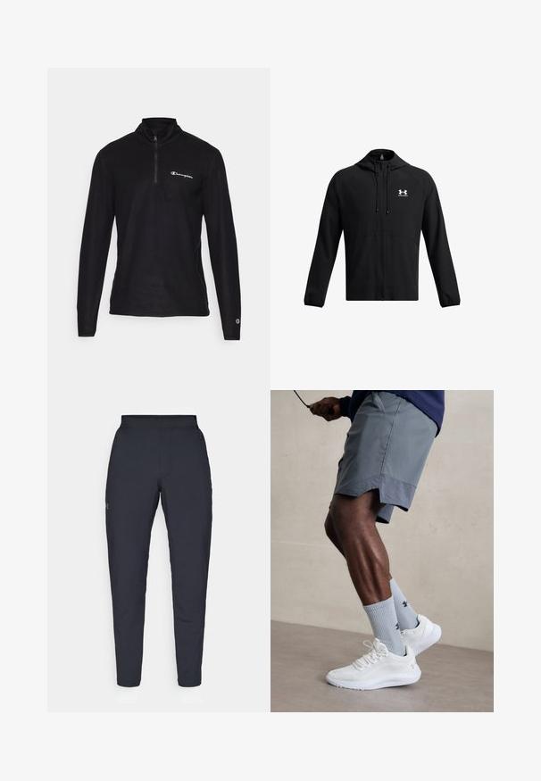 Czarna, lekka kurtka z kapturem, pełnym zamkiem błyskawicznym i bocznymi kieszeniami. Posiada białe logo na klatce piersiowej oraz elastyczne mankiety. Gładka tekstura.; Czarny pulower na zamek błyskawiczny z długimi rękawami, wykonany z miękkiego materiału, z małym białym logo na lewej piersi i detalami przy mankietach.; Czarne spodnie sportowe o gładkiej fakturze, dopasowanym kroju, elastycznej talii i bocznych kieszeniach. Posiadają małe logo na lewym udzie.; Białe buty sportowe z teksturowaną siateczkową cholewką, zestawione z jasnoniebieskimi skarpetkami prążkowanymi z logo. Szare szorty sportowe z perforowanym wykończeniem.