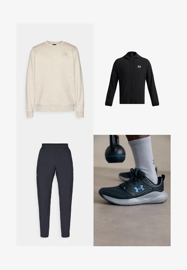 Jaqueta leve preta com capuz, fecho de correr completo e bolsos laterais. Apresenta um logo branco no peito e punhos elásticos. Textura suave.; Sweatshirt bege em tecido macio e texturizado, com decote redondo, punhos e barra canelados. Apresenta um pequeno logótipo no lado esquerdo do peito.; Calças de desporto negras com uma textura suave, corte justo, cintura elástica e bolsos laterais. Apresenta um pequeno logótipo na coxa esquerda.; Sapatilha atlética preta com detalhes em azul, parte superior texturizada e sola cinza. Usada com meias caneladas cinza, ao lado de um kettlebell preto.