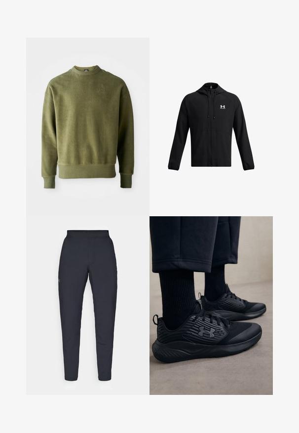 Svart lättviktsjacka med huva, hel dragkedja och sidofickor. Har en vit logotyp på bröstet och elastiska ärmslut. Slät textur.; Olivgrön sweatshirt med texturerad yta, långa ärmar, ribbade muddar och nederkant, samt diskret broderad detalj på bröstet.; Svarta träningsbyxor med en slät yta, slim fit, elastisk midja och sidofickor. Har en liten logotyp på vänstra låret.; Person som bär svarta träningsskor med texturerade sidor och logotyp, ihopparat med svarta strumpor och korta byxor på ett ljust golv.