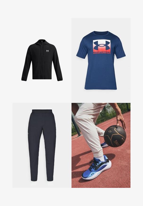 Jaqueta leve preta com capuz, fecho de correr completo e bolsos laterais. Apresenta um logo branco no peito e punhos elásticos. Textura suave.; T-shirt de manga curta azul-marinho, feito de tecido suave, com um grande logótipo branco e vermelho da Under Armour na frente.; Calças de desporto negras com uma textura suave, corte justo, cintura elástica e bolsos laterais. Apresenta um pequeno logótipo na coxa esquerda.; Ténis de desporto azuis com um swoosh preto, parte superior texturizada e sola branca. Calças brancas com punhos elásticos, dispostas sobre uma superfície de campo vermelho.