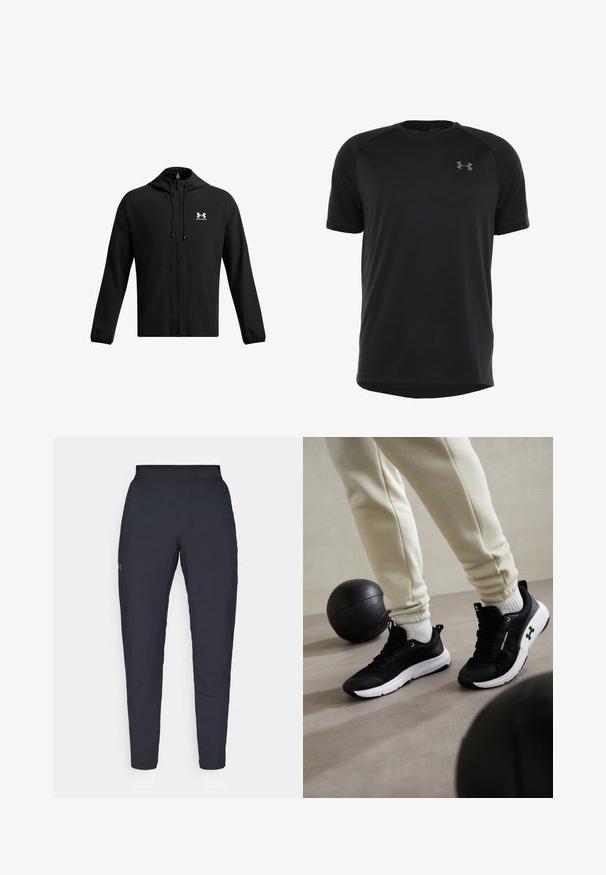 Melna viegla jaka ar kapuci, ar pilnu rāvējslēdzēju un sānu kabatām. Uz krūtīm ir balts logo un elastīgas aproces. Gluda tekstūra.; Melnas īsām piedurknēm sporta krekls, izgatavots no gludas, vieglas auduma. Iespējamā apaļa apkakle un discrētu logo uz krūšu.; Melnas sporta bikses ar gludu tekstūru, šauru piegriezumu, elastīgu jostu un sānu kabatām. Uz kreisā augšstilba ir mazs logs.; Melni sporta apavi ar baltu zoli, ar teksturētu virsmu un auklu sistēmu. Kopā ar krēmkrāsas treniņbiksēm un melnu basketbola bumbu.
