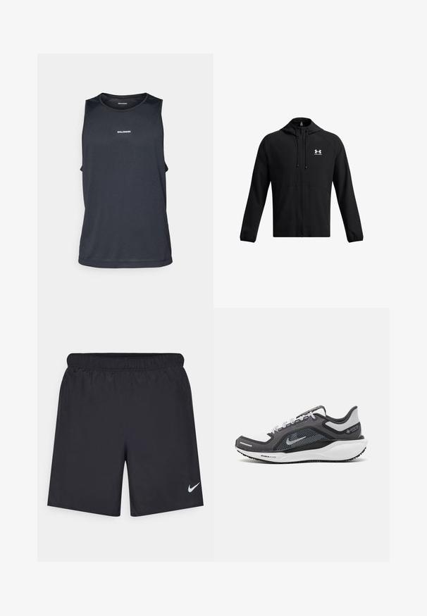 Juodas lengvas džemperis su kapišonu, užtrauktuku ir šoninėmis kišenėmis. Yra balta logo ant krūtinės ir elastingi rankogaliai. Švelni tekstūra.; Vyriška be rankovių sportinė marškinėlius tamsiai mėlynos spalvos, pagaminti iš kvėpuojančios medžiagos su tekstūruotu paviršiumi ir atspindinčiu logotipo akcentu priekyje.; Juodos sportinės šortai, pagaminti iš lengvos medžiagos, su elastingu juosmeniu. Ant apatinės kairės pusės yra mažas baltas Nike logotipas.; Juodas ir pilkas sportinis batelis su tinkleliu viršuje, atspindinčiais akcentais ir balta vidurinė dalimi. Yra tekstūruota guminė išorinė pada ir raišteliai.