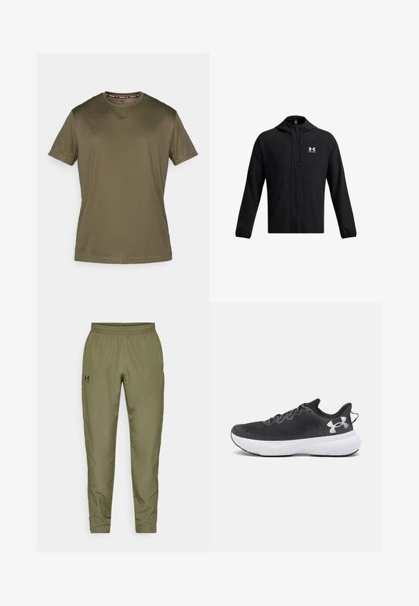 Giacca leggera nera con cappuccio, zip completa e tasche laterali. Presenta un logo bianco sul petto e polsini elastici. Texture liscia.; T-shirt a maniche corte color verde oliva realizzato in tessuto morbido. Presenta un colletto rotondo e un logo sottile sul petto, con un design semplice e lineare.; Pantaloni atletici verde oliva con vita elasticizzata, gambe affusolate, una texture liscia e un piccolo logo nero sul lato sinistro.; Scarpe sportive nere con tomaia in rete texture, suola di ammortizzazione bianca e lacci neri, con un logo bianco prominente sul tallone.