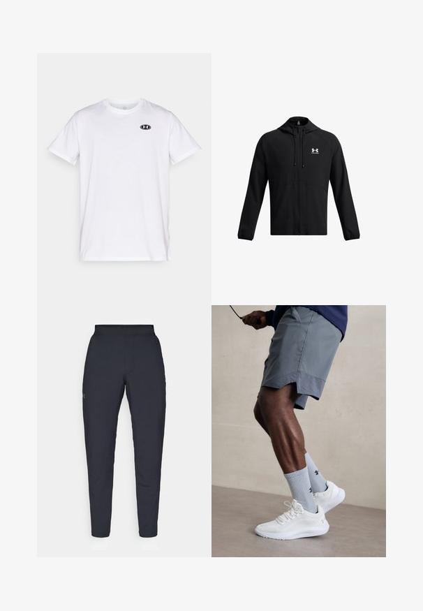 Melna viegla jaka ar kapuci, ar pilnu rāvējslēdzēju un sānu kabatām. Uz krūtīm ir balts logo un elastīgas aproces. Gluda tekstūra.; Baltā īsā piedurknē T-kreklā, kas izgatavots no kokvilnas, ar apaļu kakla izgriezumu. Uz krūškurvja ir neliels melns Under Armour logotips.; Melnas sporta bikses ar gludu tekstūru, šauru piegriezumu, elastīgu jostu un sānu kabatām. Uz kreisā augšstilba ir mazs logs.; Baltas sporta apavu pāris ar strukturētu acs virsu, apvienots ar gaiši zilo riboto zeķu pāri, kurā ir zīmols. Pelēki sporta šorti ar perforētu apdari.