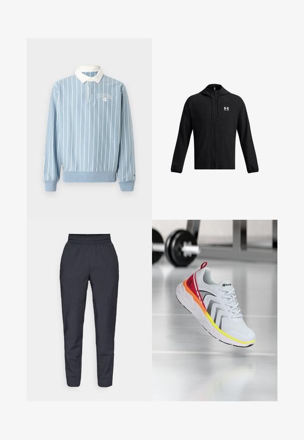 Černá lehká bunda s kapucí, s plným zipem a bočními kapsami. Na hrudi je bílá nášivka a elastické manžety. Hladká textura.; Světle modrá polokošile s dlouhým rukávem, s bílými pruhy, bílým límcem a malým logem Champion na hrudi. Vyrobeno z měkkého materiálu.; Námořnické zúžené kalhoty vyrobené z měkké tkaniny, s elastickým pasem, bočními kapsami a hladkou texturou s jemnými švy.; Bílé atletické boty s síťovaným svrškem, barevnými akcenty v červené, oranžové a žluté barvě, s texturovanou podrážkou a černými detaily.