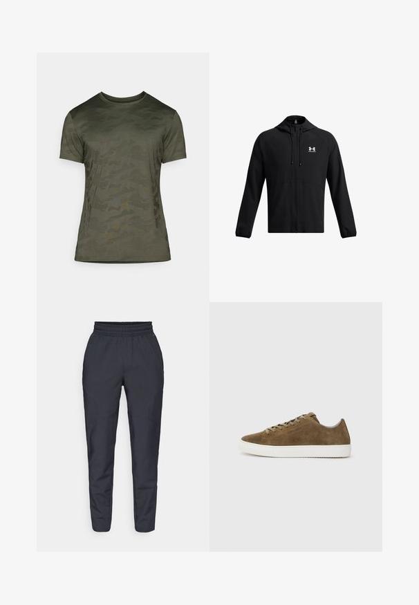 Sort letvægtsjakke med hætte, fuld lynlås og sidelommer. Udstyret med et hvidt logo på brystet og elastiske manchetter. Glat overflade.; Oliven grøn t-shirt med korte ærmer, der har et diskret camouflage mønster. Lavet af blødt stof med rund halsudskæring og en tætsiddende pasform.; Mørkeblå tapered bukser lavet af blødt stof, med elastisk talje, sidelommer og en glat overflade med diskrete syning detaljer.; Brune ruskind sneakers med rund tå, hvid gummisål og snørebånd. Har diskrete syninger og et lavprofil-design.