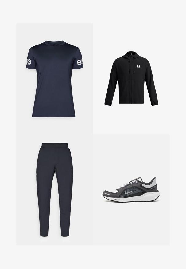Juodas lengvas džemperis su kapišonu, užtrauktuku ir šoninėmis kišenėmis. Yra balta logo ant krūtinės ir elastingi rankogaliai. Švelni tekstūra.; Tamsiai mėlyna, trumpomis rankovėmis sportinė marškinė su apvaliu kaklu; su baltomis logotipo detalėmis ant abiejų rankovių ir lygiu, tampri tekstūra.; Juodos sportinės kelnės su lygiu paviršiumi, siauru siluetu, elastingu juosmeniu ir šoninėmis kišenėmis. Mažas logotipas yra kairėje šlaunyje.; Juodas ir pilkas sportinis batelis su tinkleliu viršuje, atspindinčiais akcentais ir balta vidurinė dalimi. Yra tekstūruota guminė išorinė pada ir raišteliai.