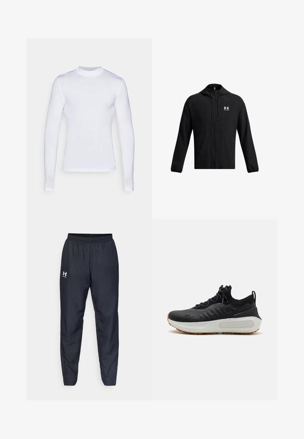 Melna viegla jaka ar kapuci, ar pilnu rāvējslēdzēju un sānu kabatām. Uz krūtīm ir balts logo un elastīgas aproces. Gluda tekstūra.; Garš sleeve balta krekla izgatavots no gludas, vieglas auduma. Tam ir apaļš kakla izgriezums un pieguļošs dizains ar bezšuvju konstrukciju.; Melnas sporta bikses ar elastīgu jostu, sašaurinātiem galiem un baltu logotipu sānos. Izgatavotas no viegla, izturīga auduma.; Melni sporta apavi ar teksturētu augšdaļu, zeķes tipa apkakli, pelēkiem šņorēm un baltu vidusdaļu ar rakstainu dizainu un gumijas zoli.