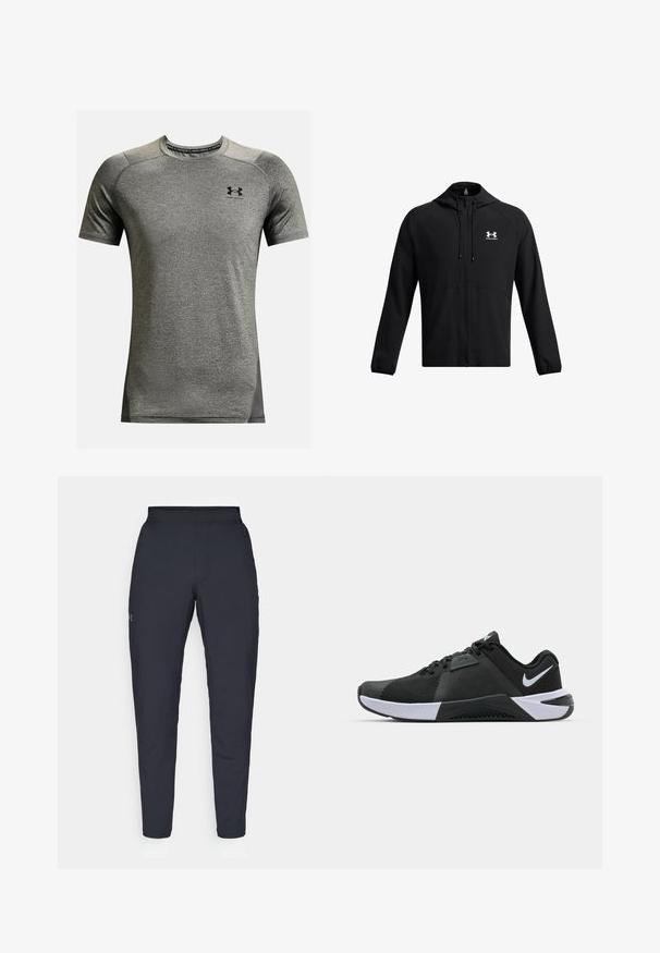 Zwarte lichtgewicht jas met een capuchon, volledige rits en zijzakken. Heeft een wit logo op de borst en elastische manchetten. Glad textuur.; Korte mouwen sportshirt in grijs, gemaakt van gestructureerde stof. Heeft een ronde hals en een klein zwart logo op de borst. Zijkanten in donkerder grijs.; Zwarte sportbroeken met een gladde textuur, slanke pasvorm, elastische tailleband en zijzakken. Bevat een klein logo op het linkerdij.; Nike Performance METCON 10 - Trainingsschoen - black/white/anthracite