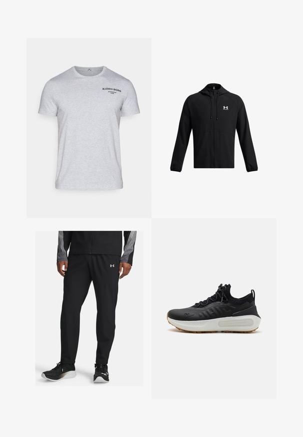 Black lightweight jacket with a hood, full zipper, and side pockets. Features a white logo on the chest and elastic cuffs. Smooth texture.; Light gray cotton t-shirt featuring short sleeves and a crew neckline. Black logo printed on the upper left chest area.; Black athletic pants made from lightweight material, featuring a tapered design and an elastic waistband. Accented with a small logo on the front.; Black athletic shoe with a textured upper, sock-like collar, gray laces, and a white midsole featuring a patterned design and gum outsole.