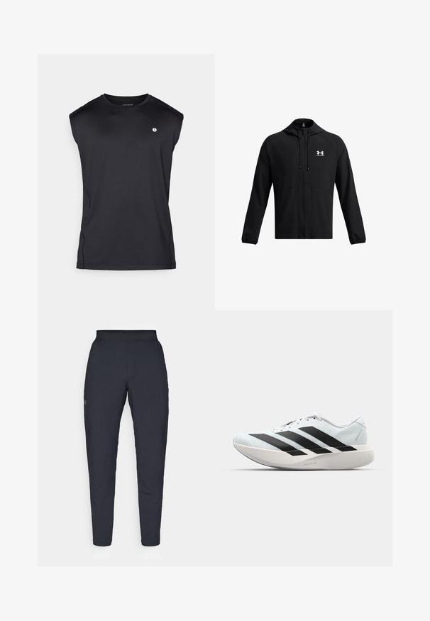 Čierna ľahká bunda s kapucňou, plným zipsom a bočnými vreckami. Má biele logo na hrudi a elastické manžety. Hladká textúra.; Čierna bezrukávová športová košeľa s okrúhlym výstrihom, vyrobená z hladkej tkaniny, s malým logom na hrudi a detailami na bočných švoch.; Čierne športové nohavice s hladkým povrchom, priliehavým strihom, elastickým pásom a bočnými vreckami. Obsahujú malé logo na ľavom stehne.; Ľahké bežecké topánky v svetlomodrej farbe s čiernymi pruhmi. Majú hladký zvršok, okrúle špičky a hrubú bielu medzipodrážku označenú "LIGHTSTRIKE PRO."