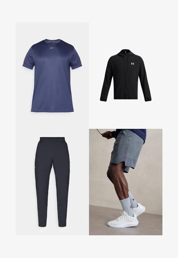 Chaqueta ligera negra con capucha, cierre completo y bolsillos laterales. Presenta un logo blanco en el pecho y puños elásticos. Textura suave.; Camiseta atlética de manga corta en azul marino, fabricada con un tejido suave y elástico. Presenta un escote redondo y un logo sutil en el pecho.; Pantalones deportivos negros con una textura suave, corte ajustado, cinturilla elástica y bolsillos laterales. Presentan un pequeño logo en el muslo izquierdo.; Zapatillas deportivas blancas con parte superior de malla texturizada, combinadas con calcetas de canalé azul claro que cuentan con un logo. Pantalones cortos deportivos grises con borde perforado.