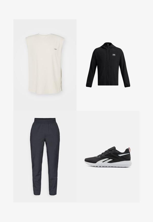 Giacca leggera nera con cappuccio, zip completa e tasche laterali. Presenta un logo bianco sul petto e polsini elastici. Texture liscia.; Top senza maniche di colore crema in tessuto leggero, con scollo a V, spacchi laterali e un piccolo logo sul lato sinistro del petto.; Pantaloni tapered blu realizzati in tessuto morbido, con elastico in vita, tasche laterali e una texture liscia con dettagli di cucitura discreti.; Scarpe sportive nere con tomaia in rete, accenti bianchi, suola testurizzata e linguetta rossa sul tallone per un tocco in più.