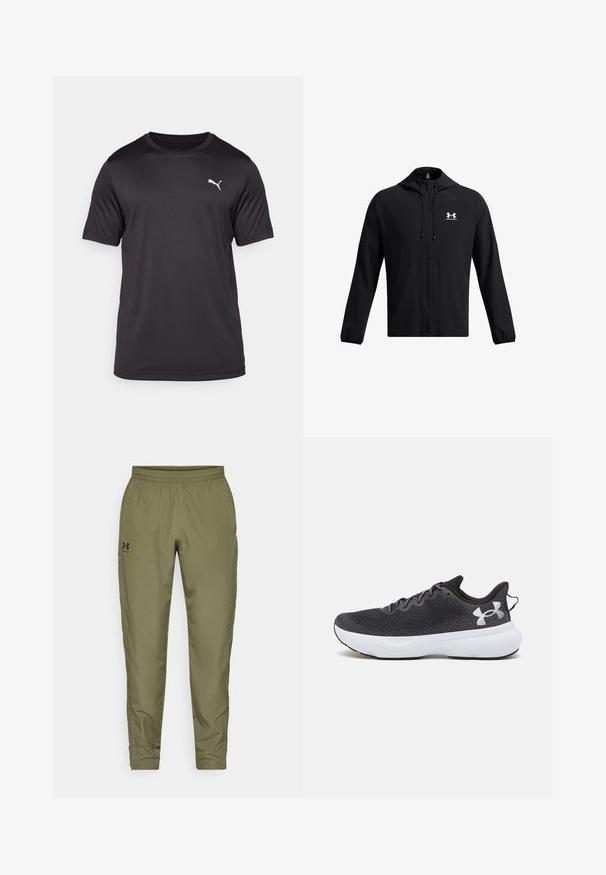 Must värviga kerge jakk kapuutsiga, täispikkalukuga ja küljetaskutega. Ees on valge logo ning varrukatel on elastsed äärised. Sujuv tekstuur.; Must beebise mustri t-särk, mis on valmistatud niiskust eemaldavast kangast, ümmarguse kaelaauguga, lühikeste varrukatega ning mille vasakul rinnal on väike valge logo.; Oliivroheline spordipüksid elastse vöökohtaga, kitsenevad jalad, sile tekstuur ja väike must logo vasakul küljel.; Mustavad spordijalatsid struktureeritud võrkmaterjalist pealmise osa, valge pehmendusega tallaga ja mustade paeltega, millel on kantaval valges värvitoonis logo kandajal.