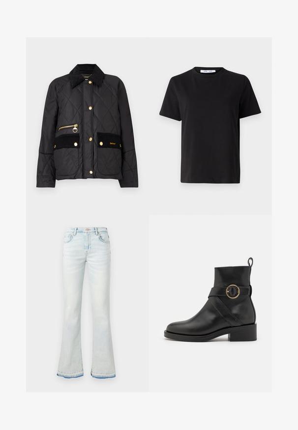 Veste matelassée noire avec col en velours côtelé, quincaillerie dorée, poche zippée et poches à rabat à boutons arborant le logo Barbour.; T-shirt noir à manches courtes en coton doux, avec un col rond, une coupe décontractée et une texture lisse. Pas de motifs ni de graphiques visibles.; Jean flare bleu clair en denim, avec une taille haute, cinq poches et un ourlet effilé avec un accent bleu plus foncé.; BOSS IRYNA BOOTIE - Bottines à plateau - black