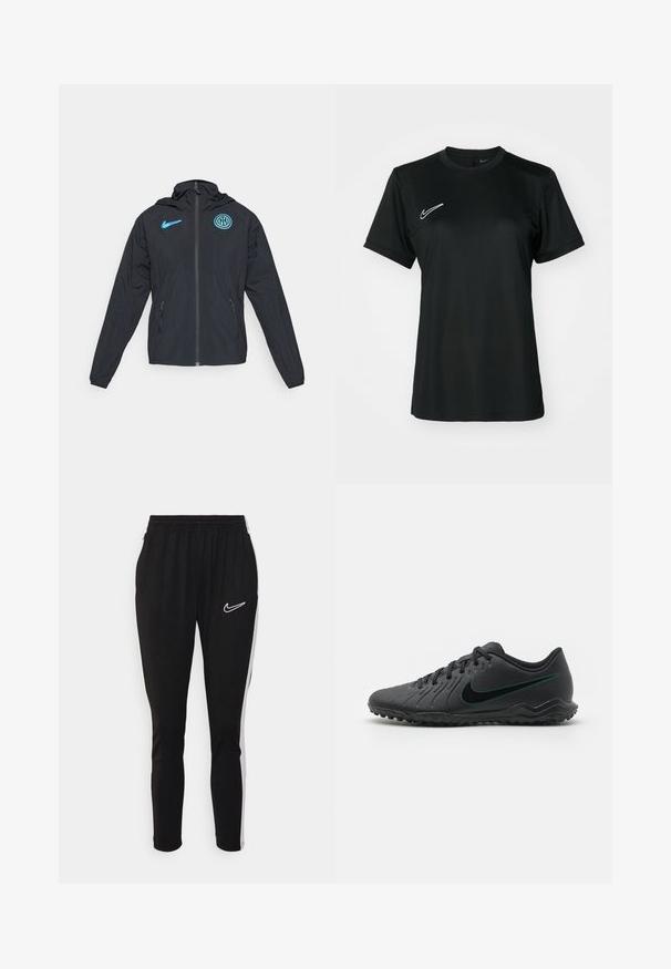 Zwarte windjack met capuchon, voorzien van een blauw Nike-logo en embleem van Inter Milan, ritsluiting en zijzakken.; Zwart sportshirt met korte mouwen en een ronde hals. Voorzien van een wit Nike-logo aan de bovenkant aan de linkerkant. Glad, lichtgewicht stof.; Zwarte sportbroeken met een elastische tailleband, voorzien van een wit Nike-logo en witte zijstrepen. Gemaakt van gladde, rekbare stof.; Zwarte voetbalschoenen met een gestructureerde synthetische bovenkant, gebogen ontwerp, zwarte outsole en een teal Nike-logo aan de zijkant. Vetersluiting.