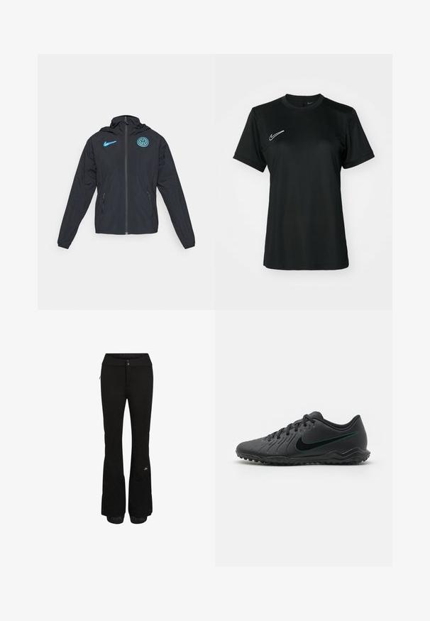 Black windbreaker jacket with hood, featuring a blue Nike logo and Inter Milan emblem, zip closure, and side pockets.; Black short-sleeve athletic shirt with a round neckline. Features a white Nike logo on the upper left side. Smooth, lightweight fabric.; Black snowpants with a sleek design, made from durable fabric. Features zip pockets and elastic cuffs at the legs with brand logo detail.; Black soccer cleat with textured synthetic upper, curved design, black outsole, and teal Nike logo on the side. Laced closure.