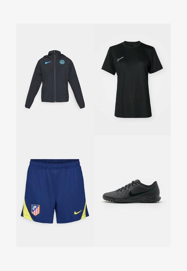 Schwarze Windbreaker-Jacke mit Kapuze, mit blauem Nike-Logo und Inter Mailand-Emblem, Reißverschluss und Seitentaschen.; Schwarzes, kurzärmeliges Sportshirt mit Rundhalsausschnitt. Verfügt über ein weißes Nike-Logo auf der oberen linken Seite. Glattes, leichtes Material.; Marineblaues Sportshorts mit gelben Akzenten, ausgestattet mit einem elastischen Bund und seitlichen Einsätzen. Besticktes Vereinslogo auf dem linken Oberschenkel.; Schwarzer Fußballschuh mit strukturiertem Synthetic-Obermaterial, geschwungener Form, schwarzer Laufsohle und tealfarbenem Nike-Logo an der Seite. Mit Schnürverschluss.