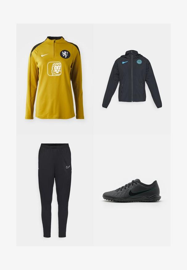 Schwarze Windbreaker-Jacke mit Kapuze, mit blauem Nike-Logo und Inter Mailand-Emblem, Reißverschluss und Seitentaschen.; Gelbes Sportoberteil mit langen Ärmeln und Viertelreißverschluss, schwarzen Schulterakzenten, einem Löwenemblem auf der Brust und dem Nike-Logo auf der linken Schulter.; Schwarze Sporthose aus leichtem Stoff, mit elastischem Bund, schmaler Passform und einem weißen Nike-Logo am Oberschenkel.; Schwarzer Fußballschuh mit strukturiertem Synthetic-Obermaterial, geschwungener Form, schwarzer Laufsohle und tealfarbenem Nike-Logo an der Seite. Mit Schnürverschluss.