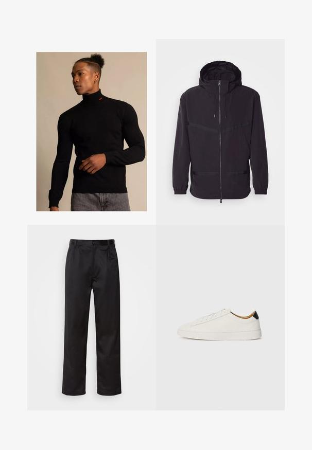 Jachetă neagră cu glugă, fabricată dintr-un material ușor, având fermoar frontal, manșete elastice și accente cu dungi orizontale.; Pulover negru cu guler înalt, confecționat din material cu model in dungi, cu mâneci lungi. Prezintă un mic logo roșu pe guler. Este purtat cu blugi gri.; Pantaloni negri dintr-un material neted, cu închidere prin nasture frontal, pliseuri și picioare drepte. Fără modele sau accente vizibile.; Sneaker alb cu un superior din piele netedă, vârf rotund și talpă plată. Accente negre la călcâi, cu șireturi tonale și un branding minim.