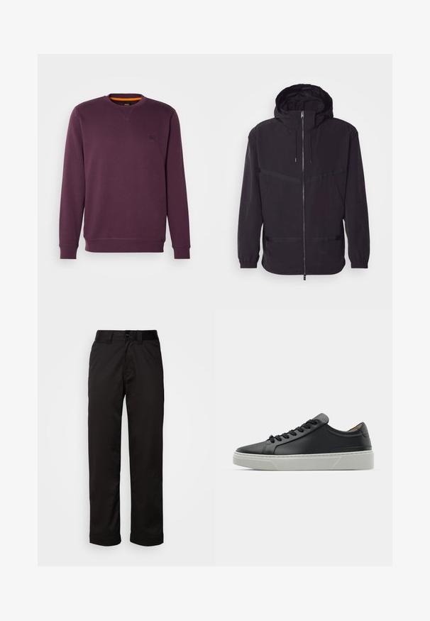 Black hooded jacket made of lightweight material, featuring a front zip, elastic cuffs, and horizontal stripe accents.; Purple sweatshirt with a crew neck, featuring a small logo patch and orange accent on the interior collar. Soft, textured fabric.; Black trousers made of smooth fabric, featuring a zip fly, button closure, and rolled cuffs for a casual design.; Black leather sneaker with a smooth texture, round toe, and black laces. Features a thick, white rubber sole with subtle geometric accents.