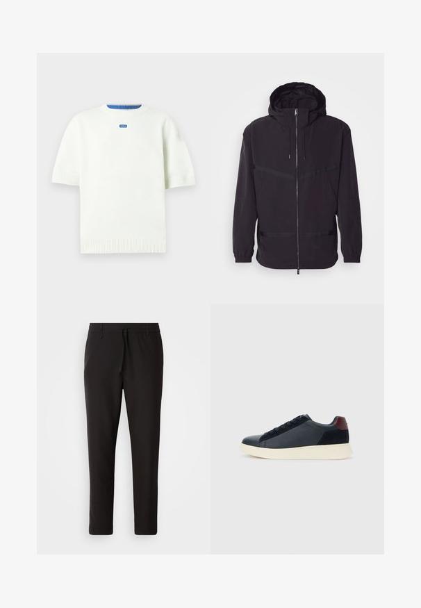 Crna kapuljača jakna od laganog materijala, s prednjim zatvaračem, elastičnim manžetama i horizontalnim trakastim detaljima.; Bijela kratka majica s kratkim rukavima napravljena od pletene tkanine koja ima rebrasti izrez i rub. Mali plavi logo je centriran sprijeda.; Crne jogger hlače od glatkog materijala. Imaju elastičnu waistband s vezicom, sužene nogavice i bez vidljivih džepova. Jednostavan dizajn.; Niske muške tenisice od crne kože i antilopa s bordo petnom oznakom i bijelim gumenim potplatom, prikazane s vanjske strane.