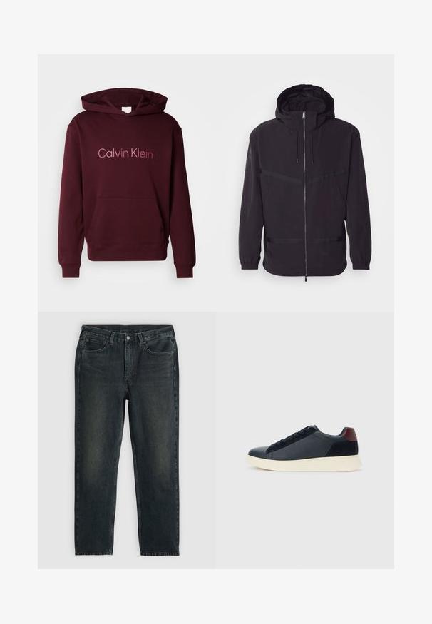 Crna kapuljača jakna od laganog materijala, s prednjim zatvaračem, elastičnim manžetama i horizontalnim trakastim detaljima.; Burgundijska dukserica s kapuljačom i prednjim džepom, s "Calvin Klein" logotipom u svjetlijem tekstu. Napravljena od mekane pamučne mješavine.; Tamno plavi traperice s ravnim krojem, koje imaju pet džepova, rajsferšlus i kontrastne šavove. Diskretno izbljeđivanje na tkanini.; Niske muške tenisice od crne kože i antilopa s bordo petnom oznakom i bijelim gumenim potplatom, prikazane s vanjske strane.