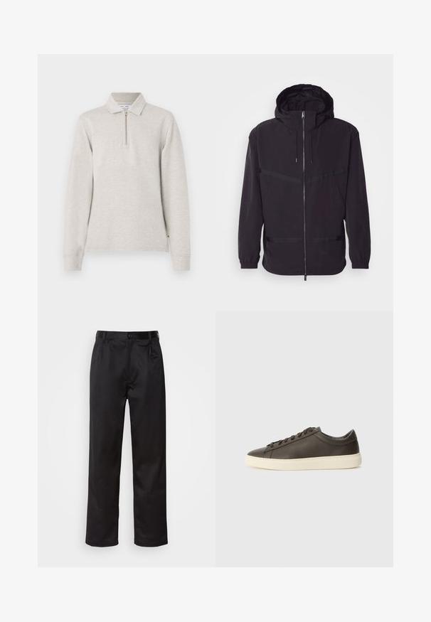Czarna kurtka z kapturem, wykonana z lekkiego materiału, z przodem na zamek, elastycznymi mankietami i poziomymi paskami.; Jasnoszara polo z długim rękawem, z półzamkiem pod szyją, z kołnierzykiem i rękawami wykończonymi mankietami, wykonana z miękkiej teksturowanej tkaniny.; Czarne spodnie wykonane z gładkiego materiału, z zapięciem na guzik z przodu, plisami i prostymi nogawkami. Brak widocznych wzorów lub akcentów.; Ciemnobrązowe skórzane sneakersy o teksturowanym wykończeniu, z białą gumową podeszwą i płaskimi sznurowadłami. Minimalistyczny design bez widocznych logo.