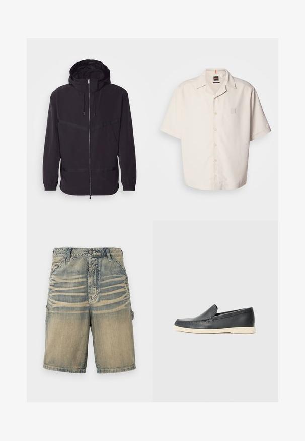 Fekete kapucnis dzseki könnyű anyagból, elülső cipzárral, elasztikus mandzsettákkal és vízszintes csíkozással.; Rövidujjú, krémszínű gombos ing sima anyagból, kis négyzet alakú logós zsebből és klasszikus gallérkialakításból készült.; Farmer nadrág rövidnadrág koptatott kék és bézs árnyalattal. Két oldalsó zsebbel, gombos záródással és varrott díszítéssel rendelkezik.; Fekete bőr, slip-on stílusú loaferek, texturált felülettel és kontrasztos bézs gumitalppal. A frontrészén finom díszítéssel rendelkezik.