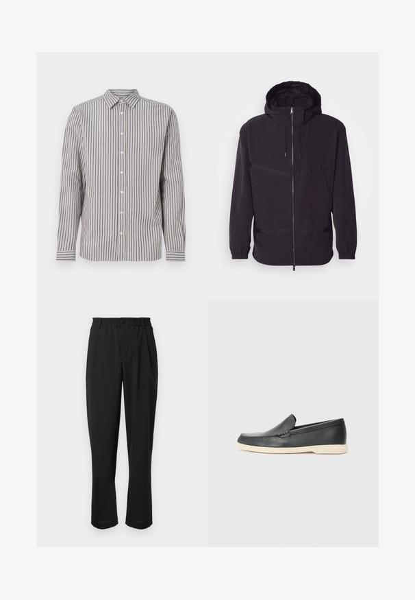 Melna kapuce s veste, izgatavota no viegla materiāla, ar priekšējo rāvējslēdzēju, elastīgām piedurknēm un horizontālām svītru akcentiem.; Vīriešu garo piedurkņu krekls gaiši bēšā krāsā ar vertikālām tumši zilām svītrām. Ievērojama iezīme ir norādīta apkakle un baltie pogas krūšu daļā.; Melnas bikses ar elastīgu jostu, pogu aizdari un taisnu kāju dizainu. Gluda auduma virsma, nav redzamu rakstu vai akcentu.; Melni ādas kurpes, kas valkājas uz slip-on principa, ar teksturētu apdari un kontrastējošu beigu gumijas zoli. Iespējama smalka apdare priekšpusē.