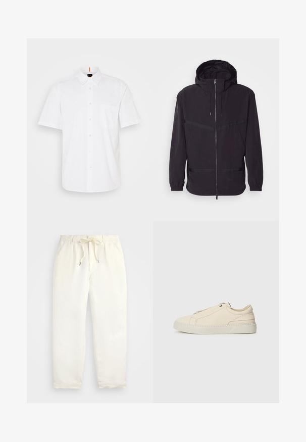 Juodas gobtuvu striukė, pagaminta iš lengvos medžiagos, su priekiu užtrauktuku, elastingomis rankovėmis ir horizontaliais juostelės akcentais.; Balta trumpo rankovės marškiniai su knopkų užsegimu, pagaminti iš medvilnės, su vienu krūtiniu kišenėje, klasikiniu apykakle ir subtiliais siuvinėjimo akcentais.; Šviesiai kreminės spalvos, laisvalaikio kelnės iš minkštos medžiagos. Turi elastinį juosmenį su raišteliais ir siaurėjantį kojų dizainą.; Kreminio odos sportbačiai su apvaliu nosiu, minimalistiniu dizainu, subtiliomis siuvimo detalėmis ir tekstūrine viršutine dalimi, ant šviesios pado.