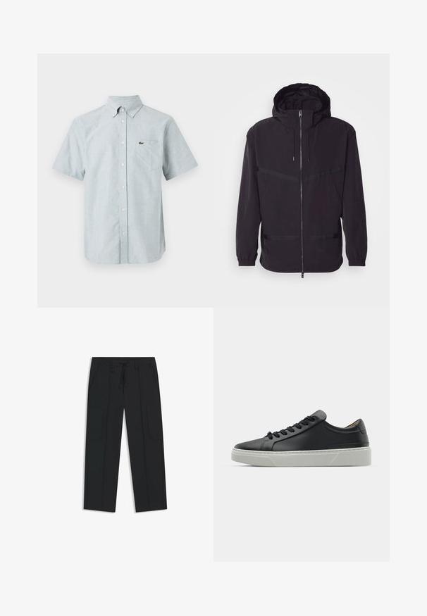 Czarna kurtka z kapturem, wykonana z lekkiego materiału, z przodem na zamek, elastycznymi mankietami i poziomymi paskami.; Koszula z krótkim rękawem zapinana na guziki w jasnoniebieskim kolorze, z kołnierzykiem w kształcie ostrym, przednią kieszenią oraz małym ikonicznym logo na klatce piersiowej.; Czarne spodnie cargo wykonane z nylonu. Posiadają elastyczny pasek w talii z regulowanym sznurkiem, kieszenie boczne oraz płaski przód.; Czarne skórzane sneakersy o gładkiej fakturze, okrągłym nosku i czarnych sznurowadłach. Posiadają grubą, białą gumową podeszwę z subtelnymi akcentami geometrycznymi.