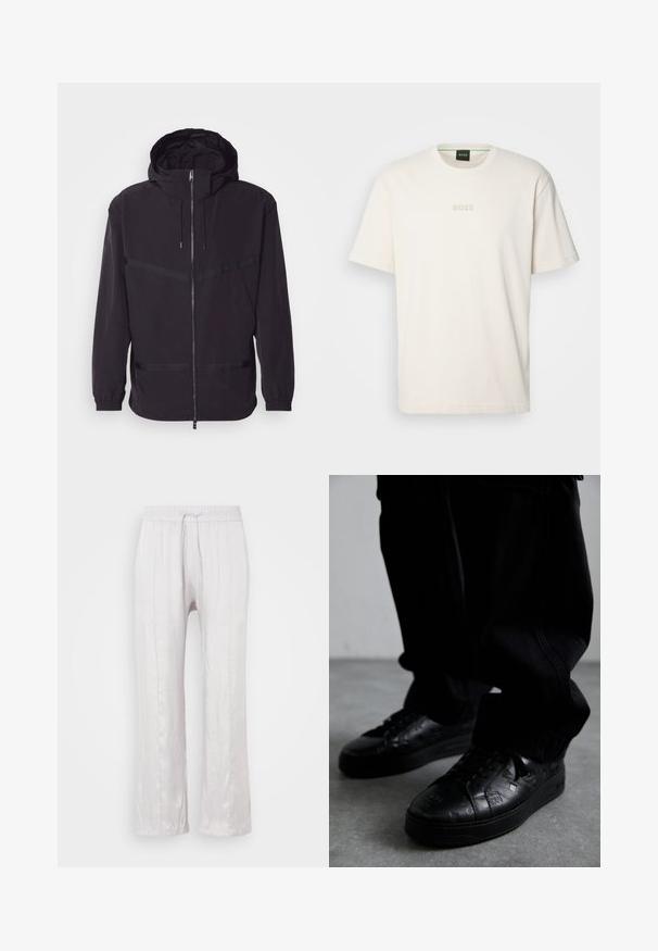 Μαύρο μπουφάν με κουκούλα, κατασκευασμένο από ελαφρύ υλικό, με μπροστινό φερμουάρ, ελαστικούς μανικιών και οριζόντιες ρίγες.; BOSS TEE - Βασικό μπλουζάκι - open white; Ανοιχτό γκρι, παντελόνι σε χαλαρή γραμμή από απαλό ύφασμα με ελαστική μέση και κορδόνι. Ευθείες γραμμές με διακριτές πτυχές, χωρίς ορατά σχέδια.; Μαύρα δερμάτινα αθλητικά παπούτσια με υφές, που διαθέτουν καουτσούκ σόλα και στρογγυλή μύτη. Οι κορδόνια είναι μαύρα, συμπληρώνοντας τον σκούρο σχεδιασμό του παπουτσιού.