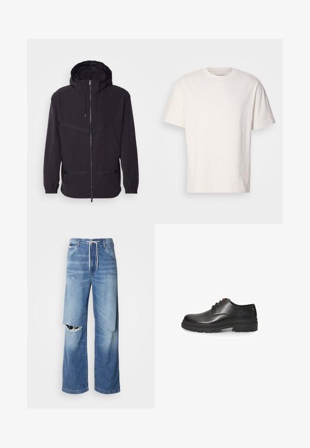 Melna kapuce s veste, izgatavota no viegla materiāla, ar priekšējo rāvējslēdzēju, elastīgām piedurknēm un horizontālām svītru akcentiem.; Kreminkrāsas kokvilnas T-krekls ar apaļu kakla izgriezumu. Īsas piedurknes un brīvs piegriezums. Uz kakla izgriezuma ir neliels logotips. Gluda tekstūra.; Gai zils džinsu bikses ar brīvu piegriezumu, ar baltu auklu viduklī un izteiktām plīsumiem priekšā, parādot saplēstas malas.; Bata Šņorkurpes - Black