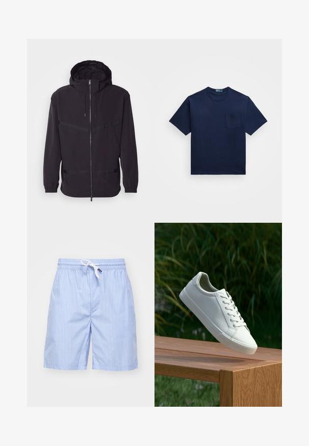Giacca nera con cappuccio, realizzata in materiale leggero, dotata di zip frontale, polsini elasticizzati e dettagli con righe orizzontali.; T-shirt in cotone blu navy con scollatura a girocollo, maniche corte e taschino a sinistra. Tessuto liscio con una vestibilità classica.; Costumi da bagno a righe blu chiaro realizzati in tessuto morbido. Presentano un laccetto bianco e tasche laterali. Lunghezza fino a metà coscia con taglio dritto.; Sneaker bianco con lacci sospeso sopra una panchina di legno, con fogliame verde sullo sfondo, che mette in mostra il design e la texture della scarpa.