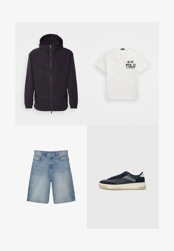 Crna kapuljača jakna od laganog materijala, s prednjim zatvaračem, elastičnim manžetama i horizontalnim trakastim detaljima.; Bijela pamučna majica s okruglim izrezom, sa crnim logom "Polo Motorsport" i unakrsnim kockastim zastavicama na lijevoj strani prsnog dijela.; Svijetloplavi traper šorts s ravnim krojem sadrži pet džepova, zatvarač i blago izblijedjeli izgled.; BOSS BALTIMORE - Tenisice - open blue