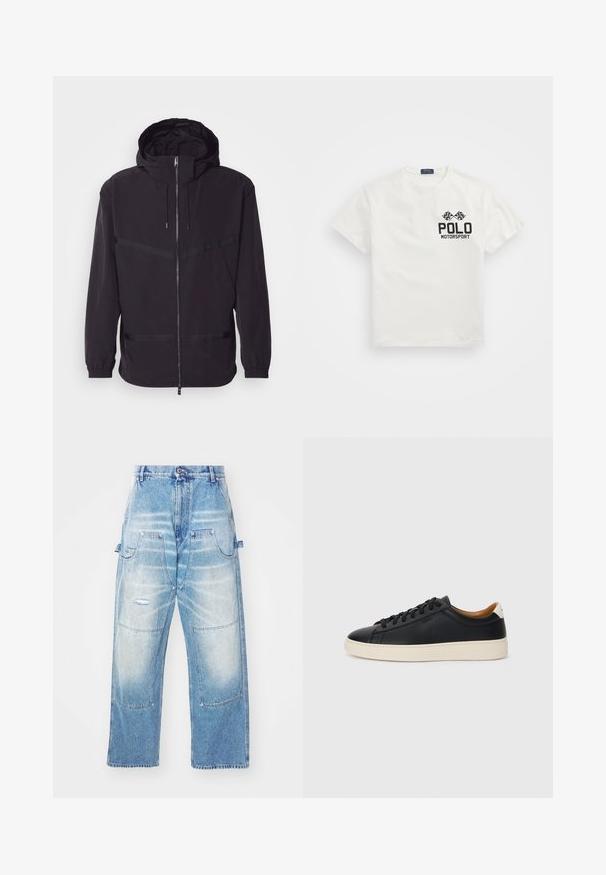 Svart huva jacka i lätt material, med dragkedja fram, elastiska ärmslut och horisontella ränder.; Vit bomulls T-shirt med rund hals, med en svart "Polo Motorsport" logotyp och korsade rutig flaggor på vänster bröst.; Ljusblå denimbyxor med lös passform, utrustad med flera fickor, slitna detaljer och en urtvättad finish. Rakt ben-design.; Svarta lädersneakers med en slät yta, beige gummisula, snörning och en kontrasterande hälackcent.