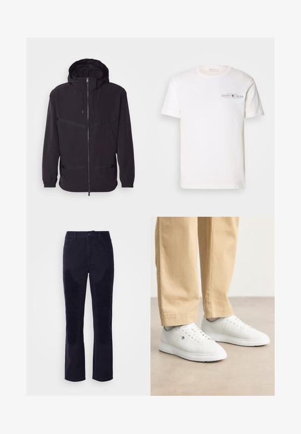 Fekete kapucnis dzseki könnyű anyagból, elülső cipzárral, elasztikus mandzsettákkal és vízszintes csíkozással.; Fehér pamut póló kerek nyakkal, rövid ujjakkal és nyomtatott logóval. Minimalista dizájnnal és laza szabással rendelkezik.; Sötét tengerészkék kordbársony nadrág, sima anyagból készült, egyenes lábakkal és vízszintes bordázott foltokkal az elülső zsebeken a textúra fokozása érdekében.; Fehér bőr sportcipők sima felülettel, kerek orral, fűzős kivitelben, oldalt diszkrét logóval, bézs nadrággal párosítva.