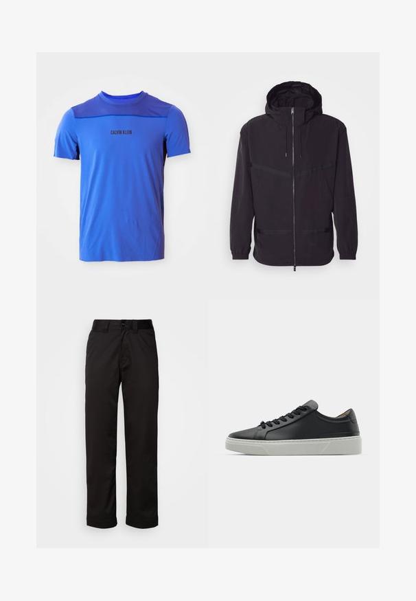 Chaqueta con capucha negra, hecha de material ligero, con cremallera frontal, puños elásticos y acentos de rayas horizontales.; Camiseta atlética azul con cuello redondo, tejido de malla en los hombros y el logo 'CALVIN KLEIN' impreso en negro. Textura suave.; Pantalones negros de tela suave, con cremallera, cierre de botón y puños enrollados para un diseño casual.; Zapatilla negra de cuero con textura suave, punta redonda y cordones negros. Presenta una gruesa suela de goma blanca con sutiles acentos geométricos.