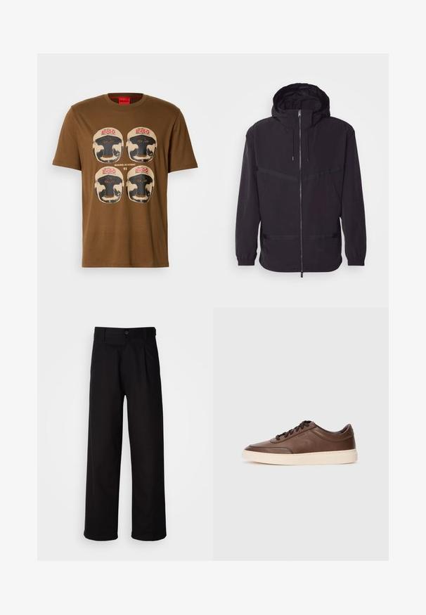 Čierna kapucňová bunda vyrobená z ľahkého materiálu, s predným zipsom, elastickými manžetami a horizontálnymi pruhmi.; Hnedé tričko s potlačou štyroch vintage boxerských heliem so slovom "HUGO" v červenej farbe a textom "BOXING ACADEMY 93" v strede.; Čierne nohavice vyrobené z hladkej látky, s rovnými nohavicami, prednými skladmi a jedným gombíkom na zapínanie v oblasti pása.; Hnedé kožené tenisky s hladkým povrchom, okrúly špičkou a krémovou gumovou podrážkou. Obsahujú čierne šnúrky a diskétne logo na boku.