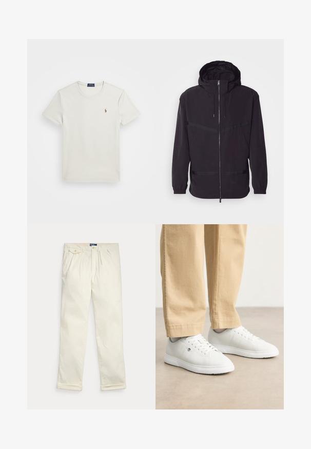 Juodas gobtuvu striukė, pagaminta iš lengvos medžiagos, su priekiu užtrauktuku, elastingomis rankovėmis ir horizontaliais juostelės akcentais.; Polo Ralph Lauren CUSTOM SLIM FIT SOFT COTTON T-SHIRT - Paprasti marškinėliai - parchment cream; Kreminės spalvos korduro kelnės su klostėmis, šoninėmis kišenėmis, kišene su sagtele ir sulankstytais rankogaliais, išdėliotos ant balto fono.; Baltos odinės sportbačiai su lygia apdaila, su apvalia nosimi, nėriniais ir subtiliu logotipo detaliu šone, derinami su béžinėmis kelnėmis.