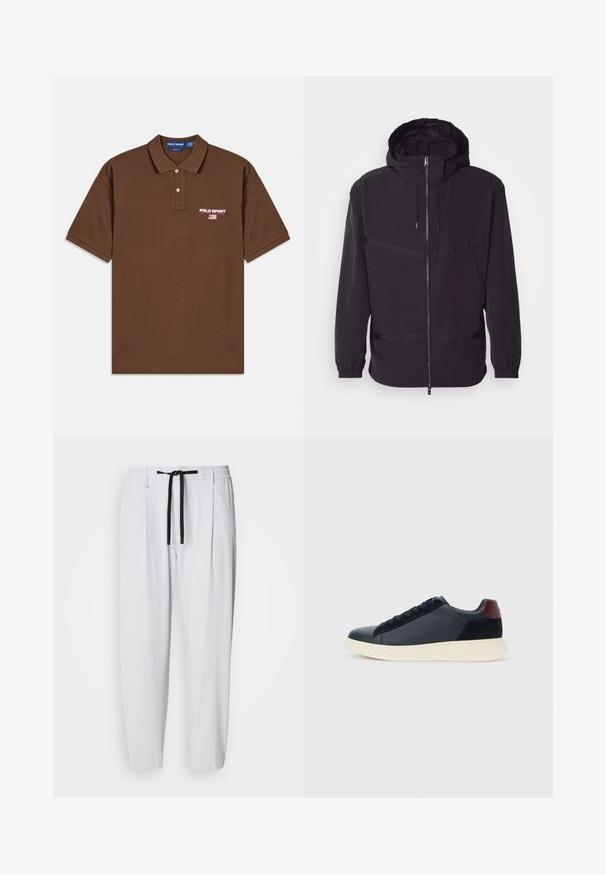 Casaco preto com capuz, feito de material leve, com fecho frontal, punhos elásticos e detalhes em listas horizontais.; Polo de manga curta castanho com duas casas, logótipo Polo Sport Ralph Lauren e pequeno bordado da bandeira americana no peito.; Calças brancas ajustadas com cordão preto, cintura elástica, bolsos laterais e passantes para cinto, exibidas sobre um fundo simples.; Sapatilha baixa masculina em couro preto e camurça com aba de calcanhar em amarelo-escuro e sola de borracha branca, vista do lado exterior.
