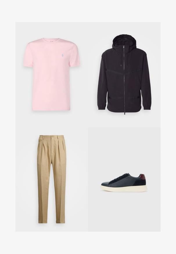 Juodas gobtuvu striukė, pagaminta iš lengvos medžiagos, su priekiu užtrauktuku, elastingomis rankovėmis ir horizontaliais juostelės akcentais.; Polo Ralph Lauren CUSTOM SLIM FIT JERSEY CREWNECK T-SHIRT - Paprasti marškinėliai - hint of pink; Bežinės lininės kelnės tiesaus kirpimo, turinčios dvi priekinės klostes, sagų užsegimą ir šonines kišenes. Tekstūruotas audinys su lygiu paviršiumi.; Juodos odinės ir zomšinės vyriškos žemos sportinės avalynės su bordo spalvos kulkšnių juostele ir balto kaučiuko padu vaizdas iš išorės.