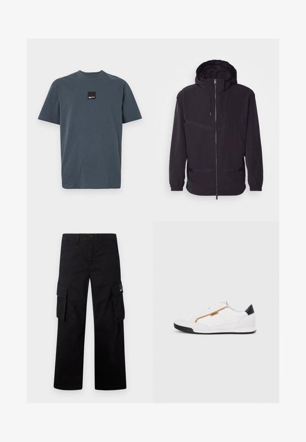 Černá kapucňová bunda vyrobená z lehkého materiálu, s předním zipem, elastickými manžetami a horizontálními pruhy.; Tmavě šedé tričko s krátkým rukávem vyrobené z bavlny s kulatým výstřihem. Na hrudi má malou černou čtvercovou nášivku. Měkká textura.; Černé cargo kalhoty vyrobené z odolné látky, s rovnou nohavicí, bočními kapsami a zapínáním na knoflík.; Bílé sportovní boty s akcenty z meshe a kůže. Mají zlaté logo "BOSS", texturované boční panely a černý podpatek. Gumová podrážka.