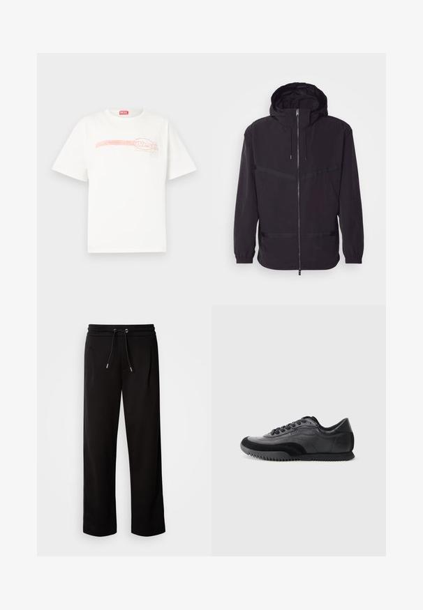 Black hooded jacket made of lightweight material, featuring a front zip, elastic cuffs, and horizontal stripe accents.; White cotton t-shirt with a loose fit, featuring a pink and yellow graphic logo design at the chest area. Classic crew neckline, short sleeves.; Black, loose-fit sweatpants made of soft fabric, featuring an elastic waistband with a drawstring, and side pockets.; Black and gray sneaker with smooth leather upper, textured accents, round toe, six-eyelet lace closure, and a ridged rubber sole.