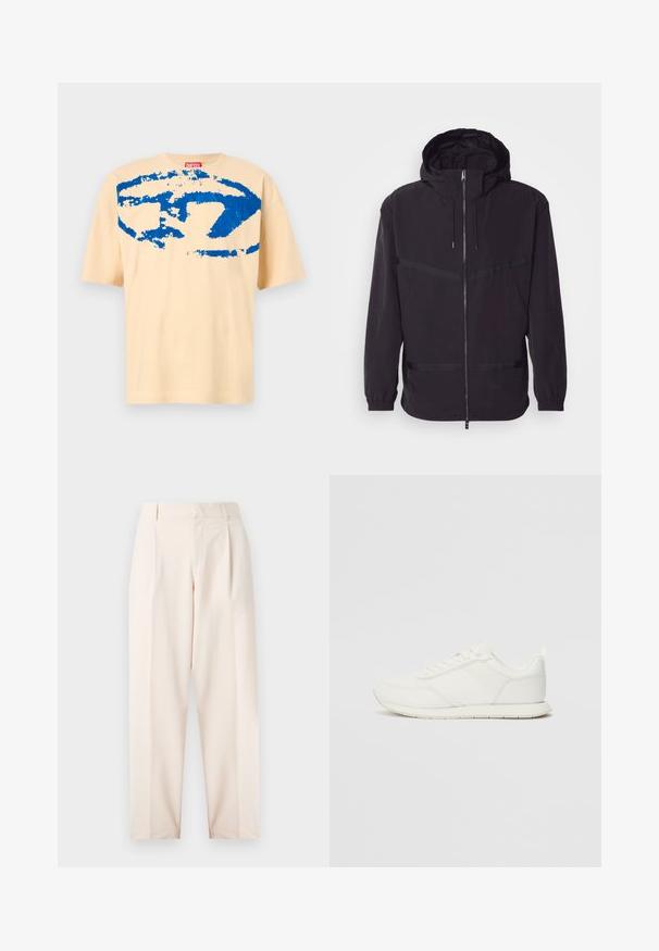 Juodas gobtuvu striukė, pagaminta iš lengvos medžiagos, su priekiu užtrauktuku, elastingomis rankovėmis ir horizontaliais juostelės akcentais.; Bežinis medvilnės marškinėliai trumpomis rankovėmis, su dideliu mėlynu abstrakčiu raštu priekyje ir raudonu logotipo etikete iškirptėje.; Bežiniai pritaikyti kelnių su didele juosmeniu, klostėmis ir tiesiu kojų dizainu. Pagaminti iš lygaus audinio, su šoninėmis kišenėmis ir švariu apdaila.; Balti sportbačiai su tinkline ir sintetine viršutine dalimi, apvaliu nosiu, plokščiomis raištelėmis ir tekstūruota šonine juosta. Guma, kurios padas su vilkimo kilpute gale.