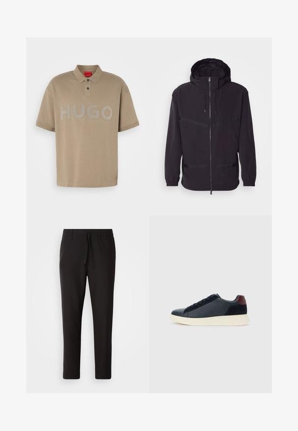 Črna kapuca jakna iz lahkega materiala, z sprednjim zadrgo, elastičnimi manšetami in horizontalnimi črtami.; Bežna polo majica s ovratnikom, kratkim rukavima in velikim sivim logotipom "HUGO" na sprednji strani. Ima dvojni gumb na odprtju.; Črne jogger hlače iz gladkega blaga. Imajo elastičen pas z vrvico, zožane hlačnice in brez vidnih žepov. Enostaven dizajn.; Nizke moške tenisice iz črnega usnja in semiša z vijoličnim petnim delom in belim gumijastim podplatom, prikazane s sprednje strani.
